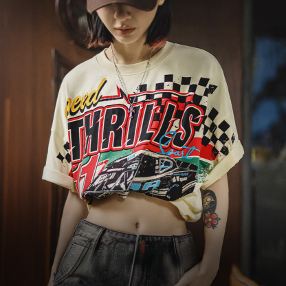 復古oversize賽車插畫落肩T恤高街慵懶寬鬆遮肉純棉短袖夏女
