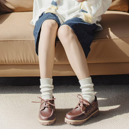 復古紅棕色老錢風系帶圓頭平底樂福鞋帆船鞋真牛皮單鞋女秋冬