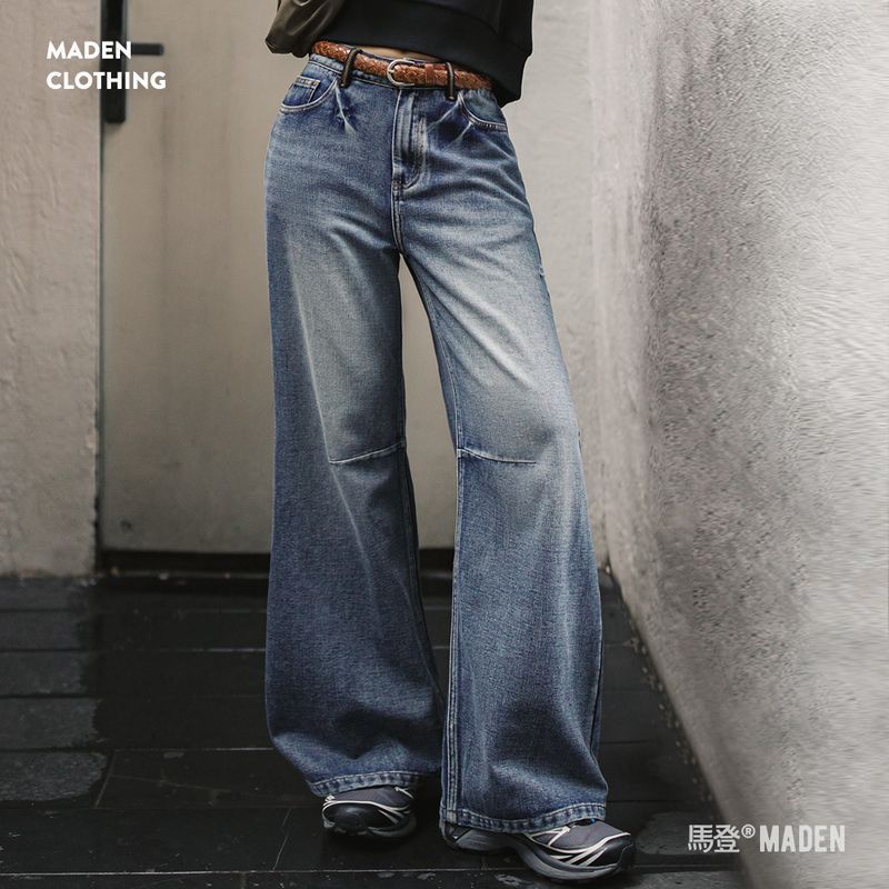cleanfit重洗水破洞牛仔褲工裝折痕直筒褲遮胯拖地長褲春季女