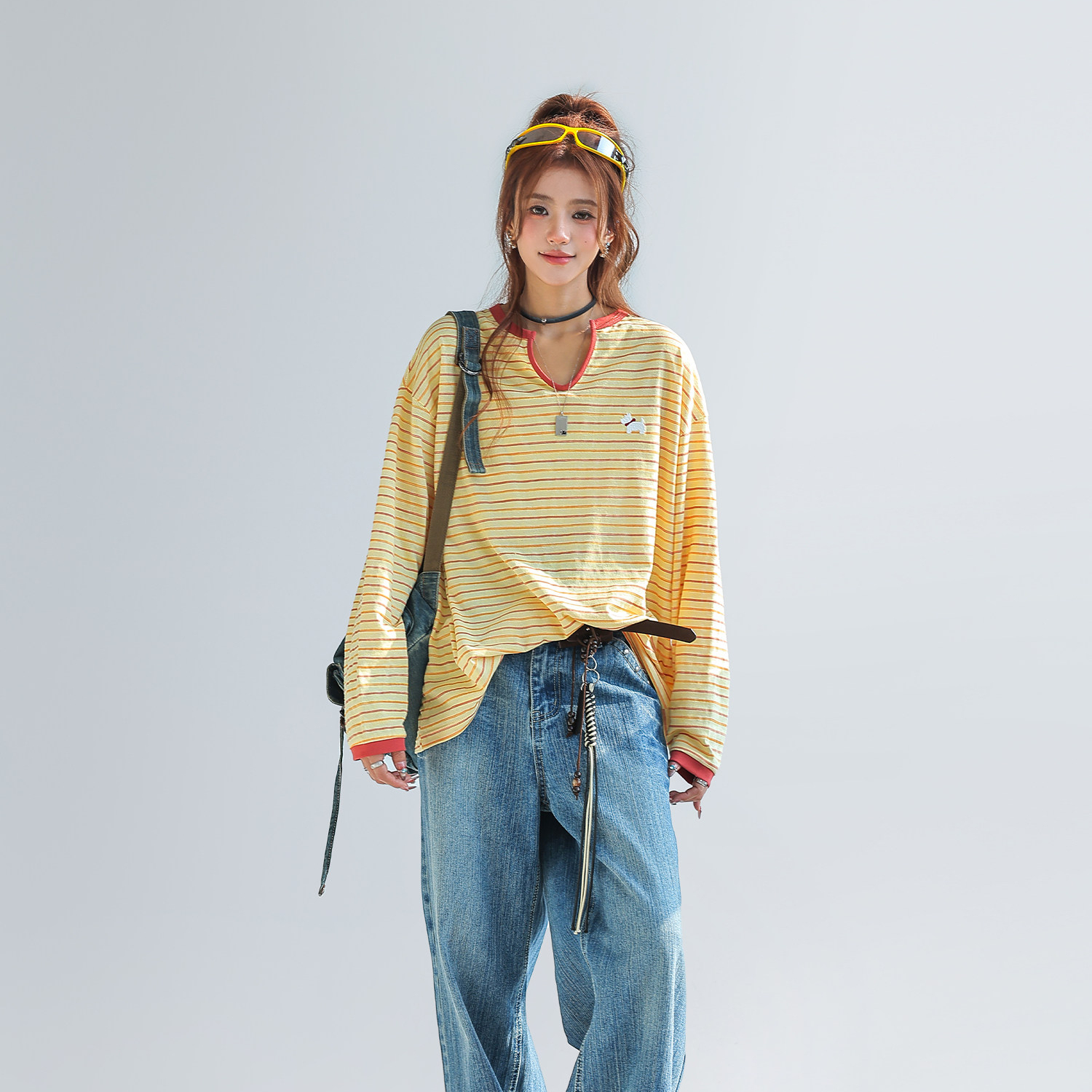 小馬刺繡撞色拼接條紋長袖t恤女設計感小眾V領上衣春