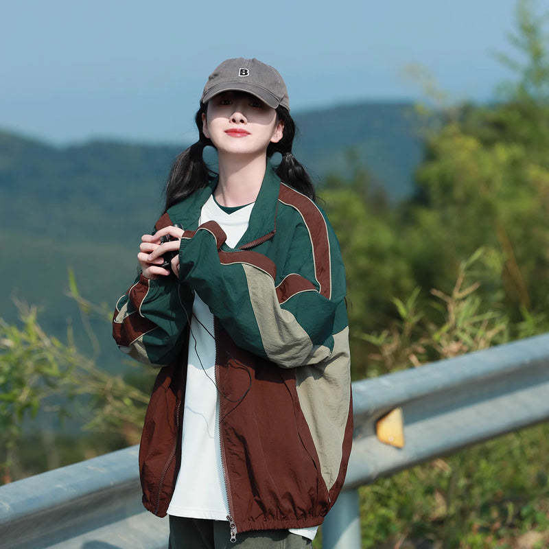 戶外防潑水工裝衝鋒衣外套女街頭潮牌拼接撞色休閒夾克秋
