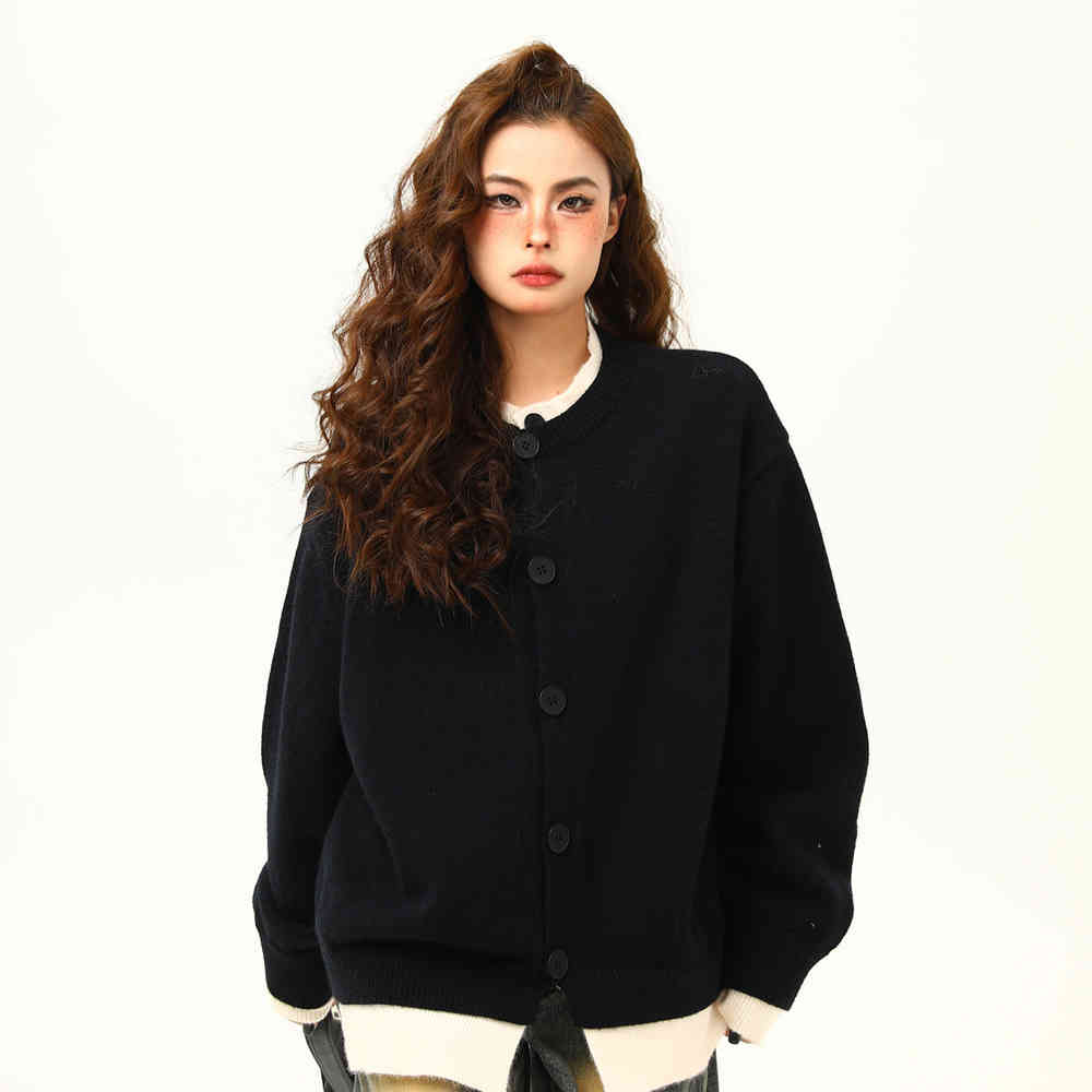 美式復古假兩件針織衫毛衣女秋冬美拉德慵懶寬鬆上衣