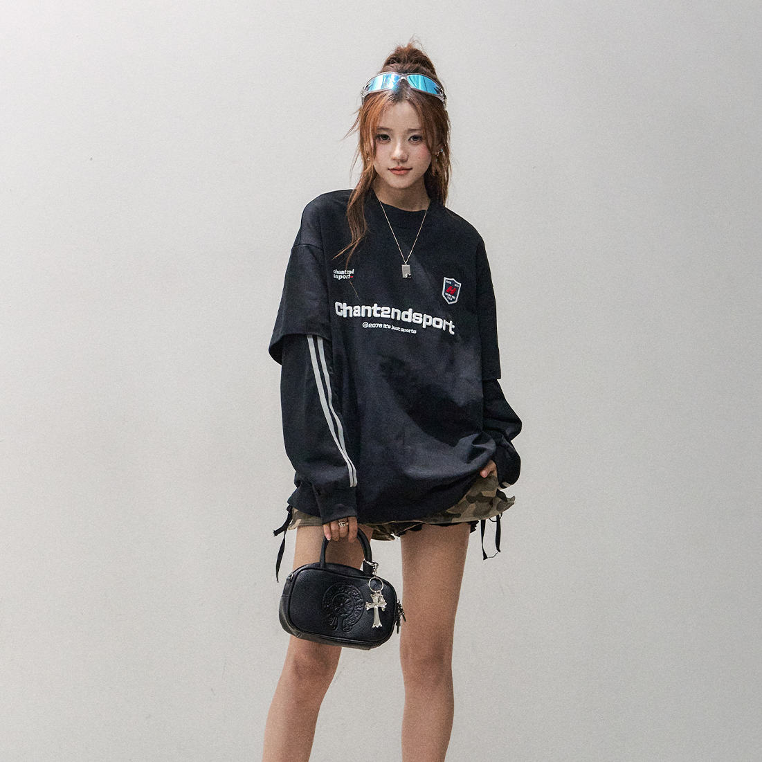 假兩件長袖t恤女早秋美式慵懶chic上衣寬鬆純棉球衣T恤