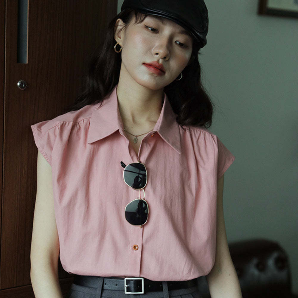 無袖簡約復古設計感短袖襯衫女寬鬆百搭通勤時尚百搭襯衣上衣