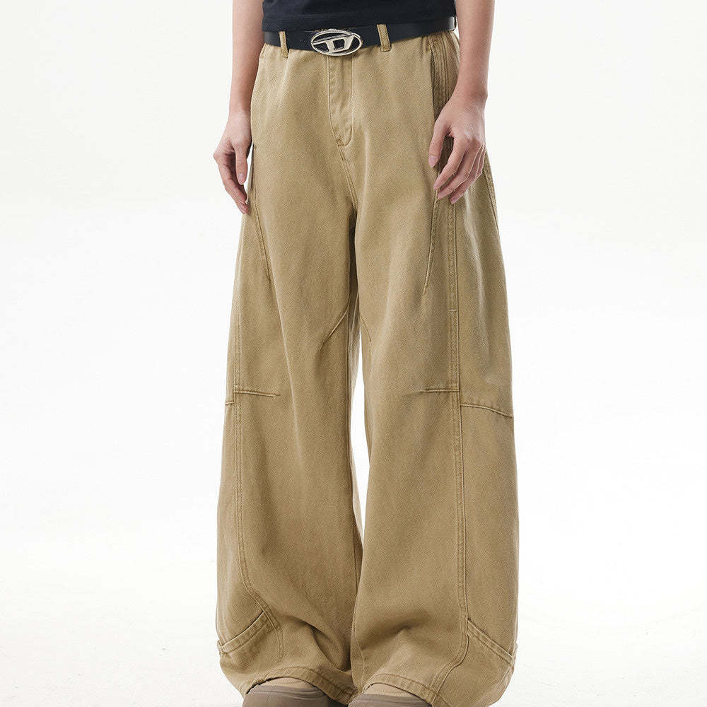 美式復古解構設計感vintage工裝褲女卡其色拼接彎刀褲