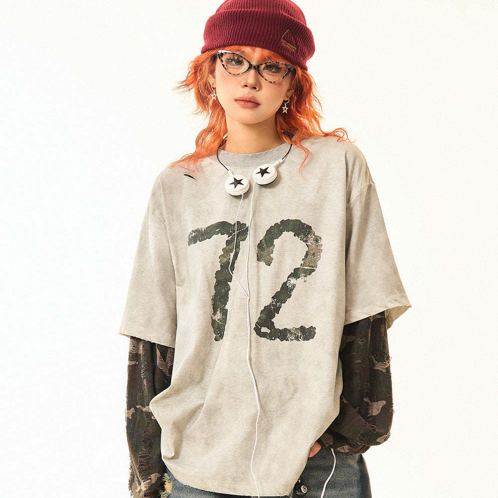 美式復古做舊迷彩假兩件長袖T恤女vintage設計感早秋上衣