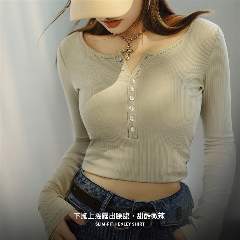 馬登女裝 美式亨利衫針織打底衫修身內搭長袖T恤上衣2024秋季新款女