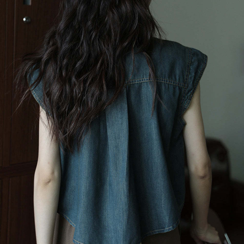 牛仔深藍色百搭簡約氣質復古設計感無袖襯衫女夏季新款時尚上衣