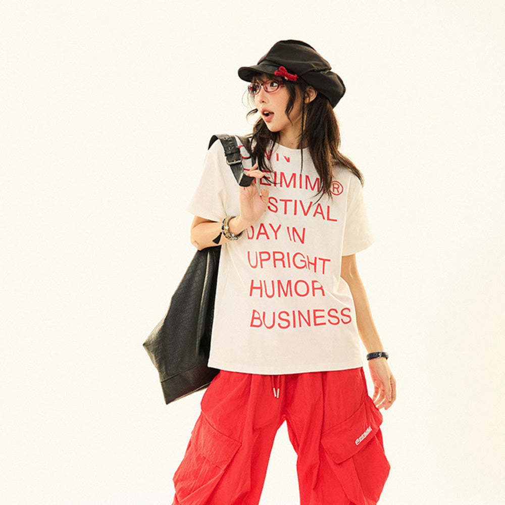 美式設計感標語印花cleanfit短袖t恤女夏純棉正肩上衣