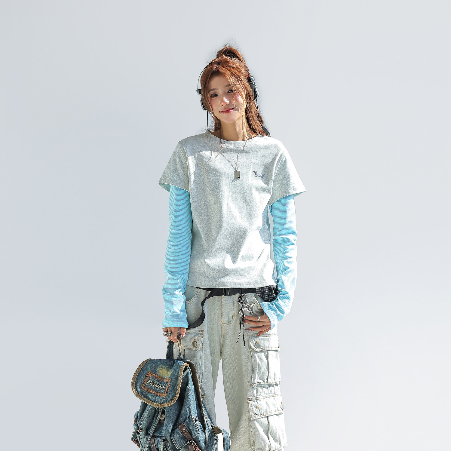 韓系臘腸狗條紋拼接假兩件長袖t恤女正肩修身上衣短