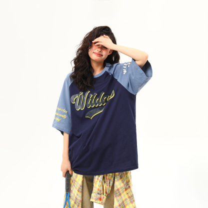 美式復古撞色插肩袖字母短袖T恤女寬鬆上衣夏