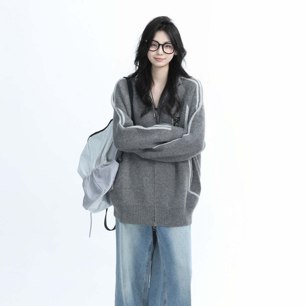 美式復古街頭黑色針織開衫外套女秋冬季寬鬆潮牌毛衣