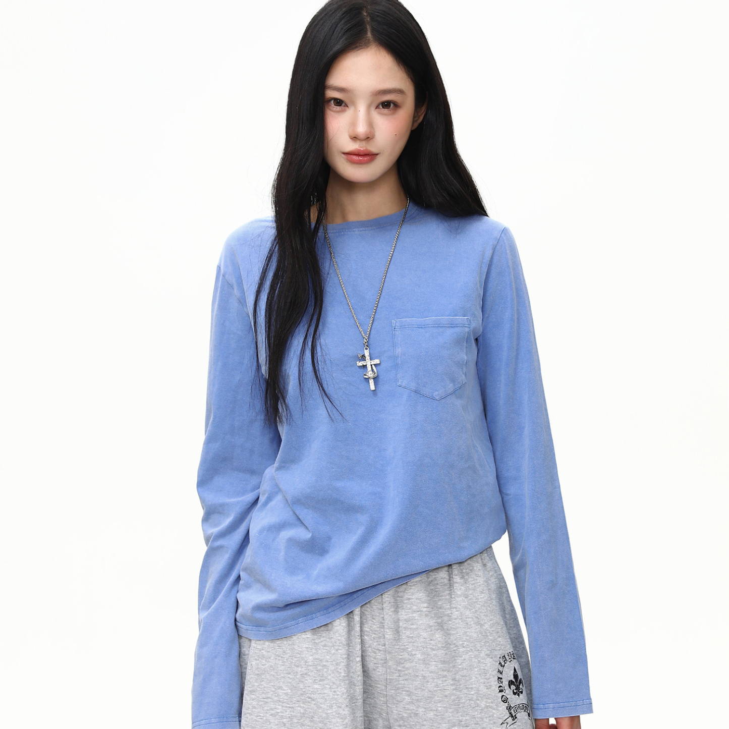 美式復古做舊水洗口袋長袖T恤女秋季新款基礎百搭打底衫