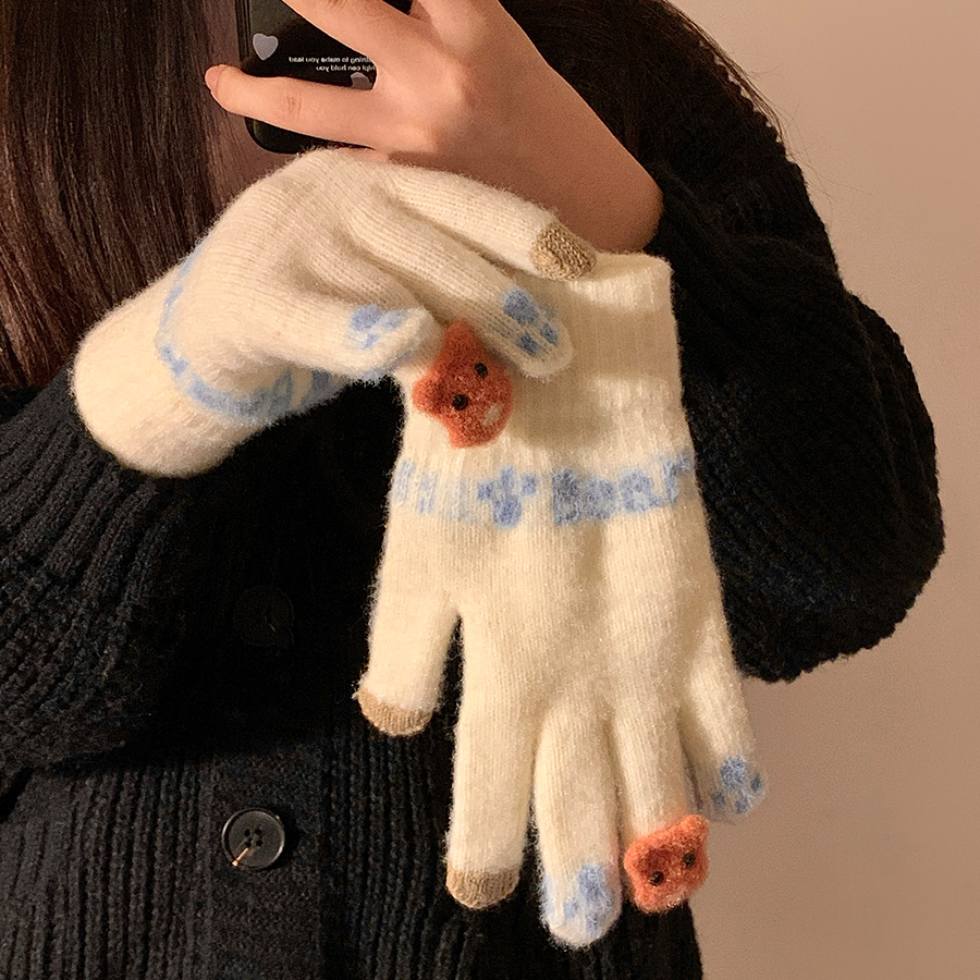 可愛毛絨針織五指手套女士冬季保暖加厚學生觸屏騎車冬天防寒防風