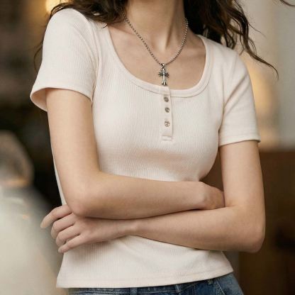 美式復古亨利領大方U領正肩修身短袖T恤內搭打底衫上衣女士夏