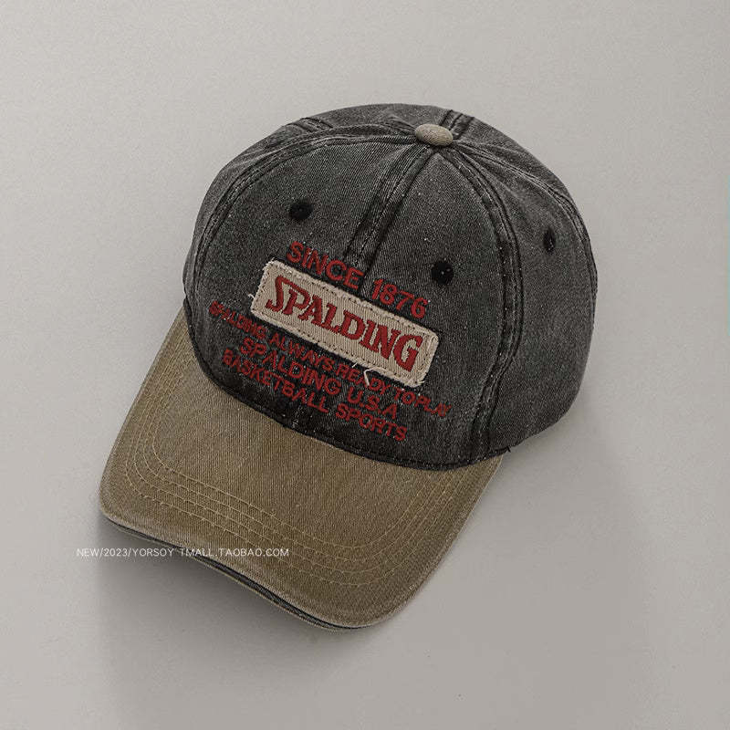 美式復古水洗做舊紅色鴨舌帽子女拼色字母軟頂休閒街頭棒球帽