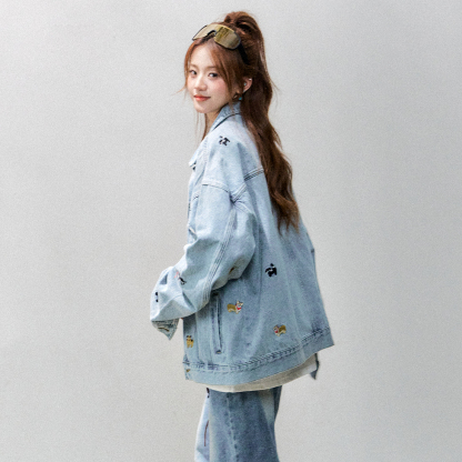 可愛猫狗刺繡牛仔外套女2025新款寬鬆慵懶小個子牛仔衣秋季