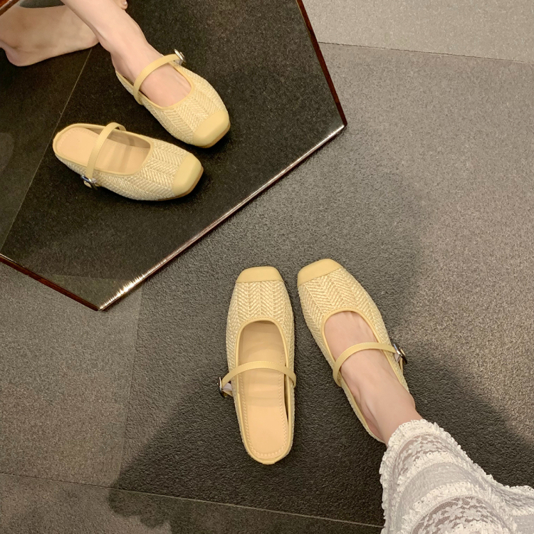 度假風草編方頭涼拖懶人半拖女夏季