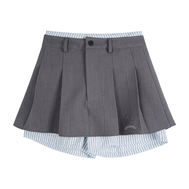 學院風灰色格紋拼接半身裙女夏季高腰顯瘦加兩件百褶短裙