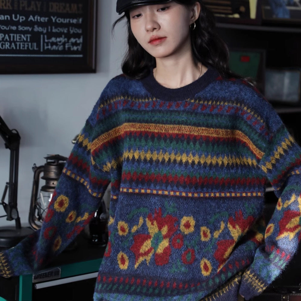復古提花圓領套頭針織衫寬鬆慵懶風毛衣女秋冬