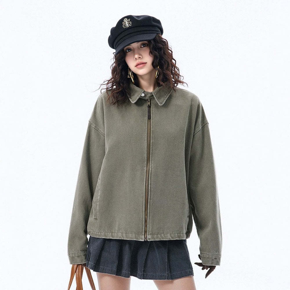 復古水洗做舊外套女春季2025新款美式純色夾克寬鬆街頭潮牌上衣