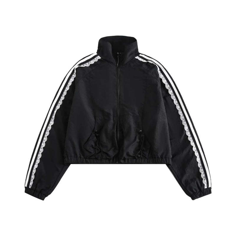 休閒運動套裝女chic條紋拼接蕾絲邊外套小個子韓系寬鬆慵懶半身裙