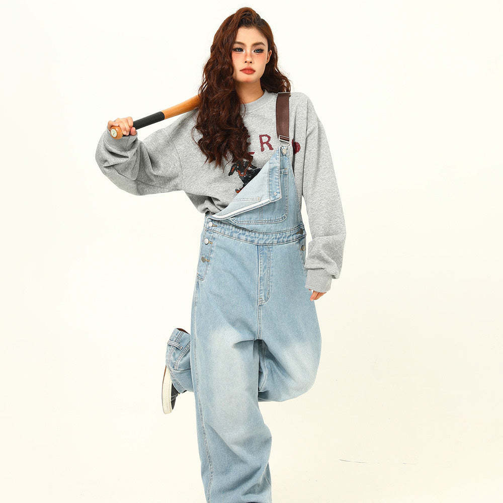 美式復古水洗淺藍色倒裝背帶褲女秋季寬鬆闊腿連體褲子
