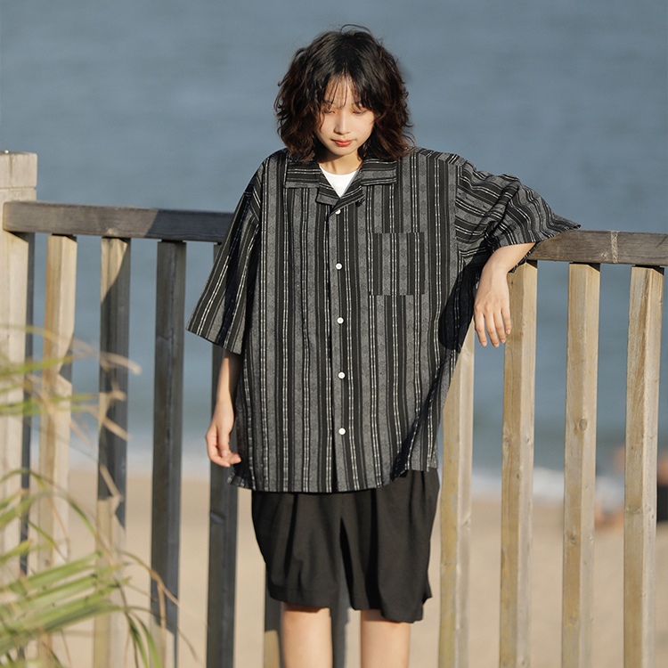 日系復古棉麻條紋短袖襯衫休閒古巴領寬鬆半袖襯衣