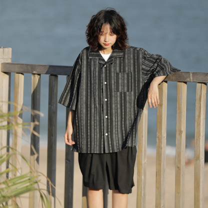 日系復古棉麻條紋短袖襯衫休閒古巴領寬鬆半袖襯衣
