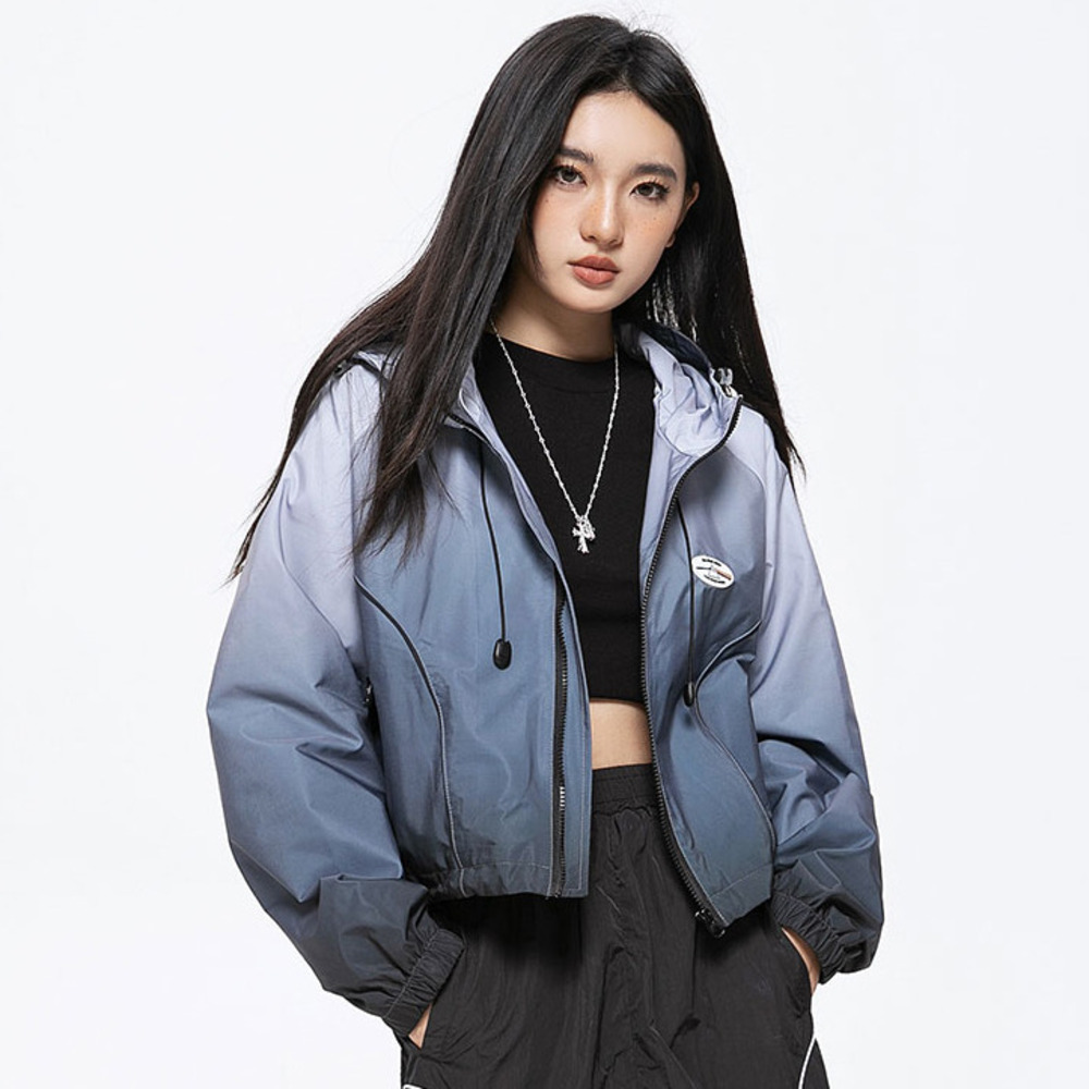 漸變設計感潮牌甜美短款外套女連帽衝鋒衣辣妹粉色短夾克