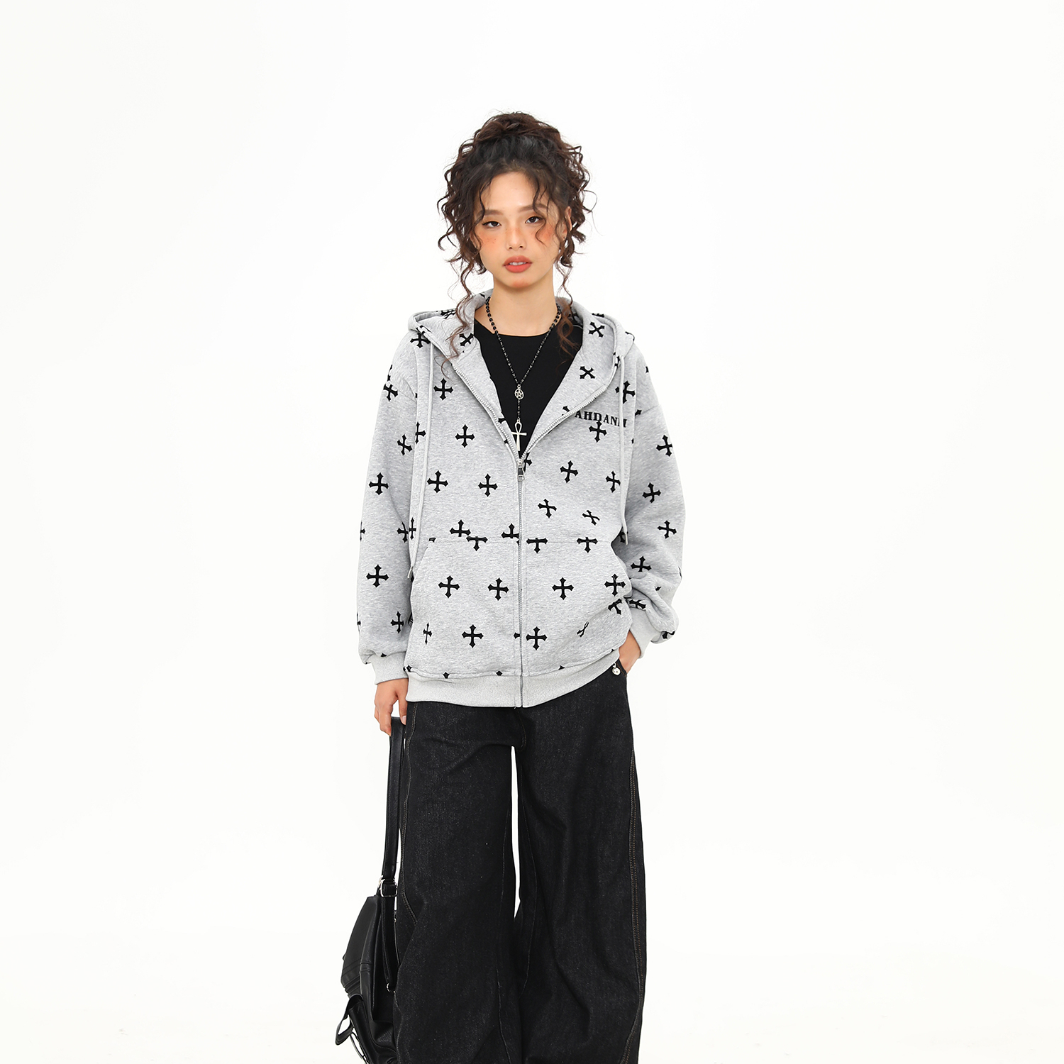 美式復古十字架印花連帽衛衣女秋冬寬鬆慵懶風拉鍊外套