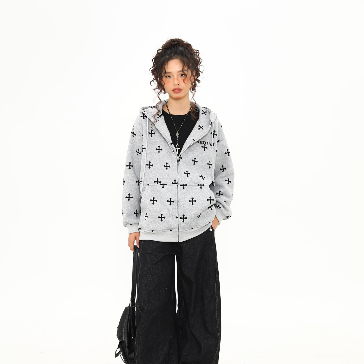 美式復古十字架印花連帽衛衣女秋冬寬鬆慵懶風拉鍊外套