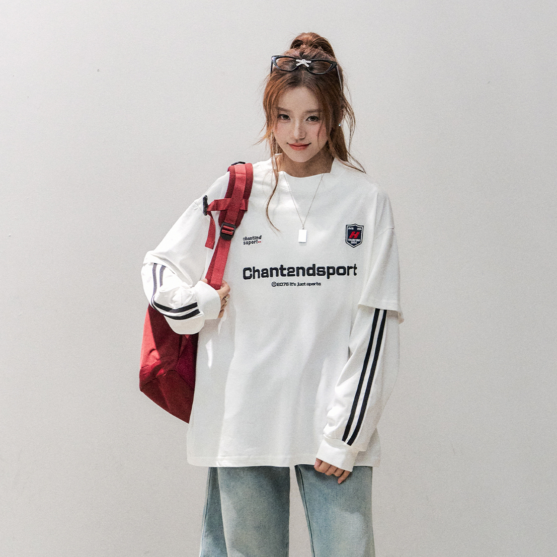 假兩件長袖t恤女早秋美式慵懶chic上衣寬鬆純棉球衣T恤