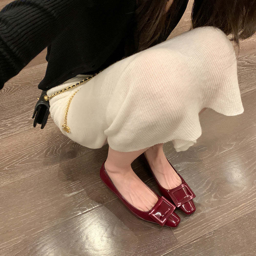 法式真皮方頭方扣小猫跟單鞋女ol通勤鞋