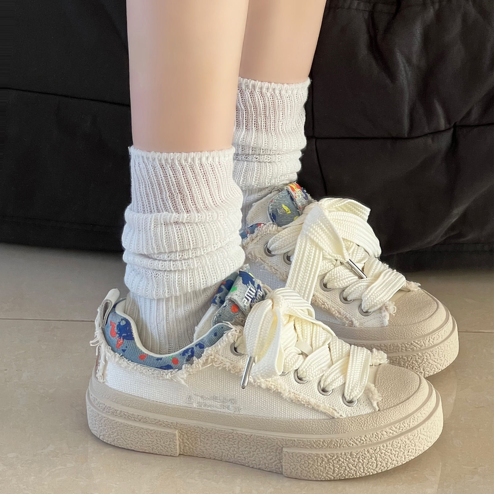 水洗帆布流蘇刺繡復古透氣耐磨板鞋潮鞋女