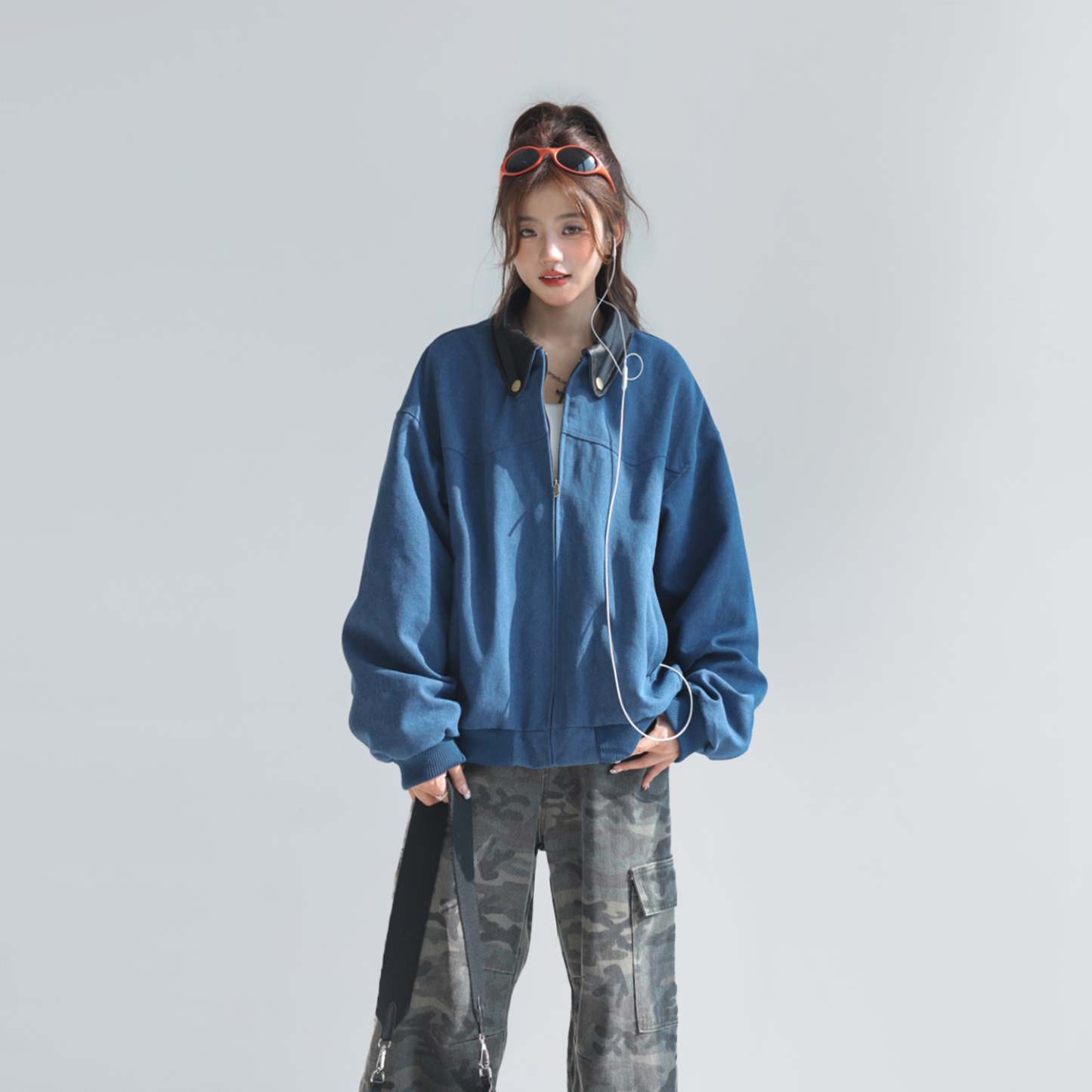 巴恩風外套女短款小個子美式復古pu拼皮工裝翻領夾克