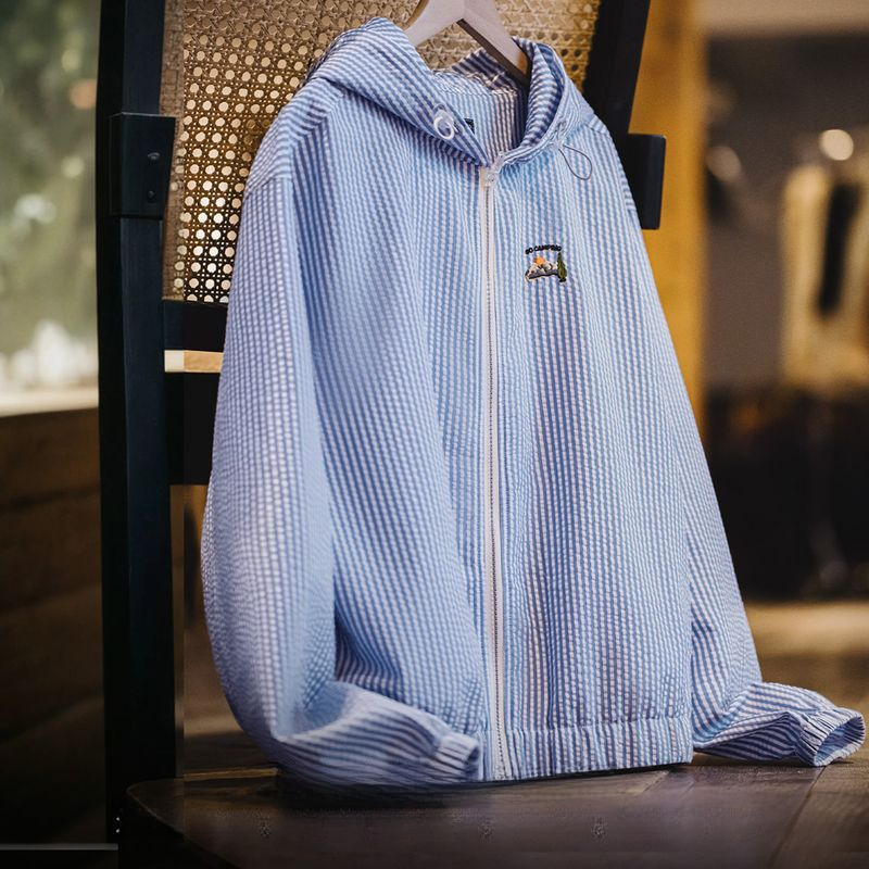 藍白條紋海邊度假風夾克淺春系泡泡條襯衫外套早春慵懶上衣女