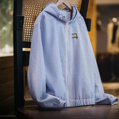 藍白條紋海邊度假風夾克淺春系泡泡條襯衫外套早春慵懶上衣女