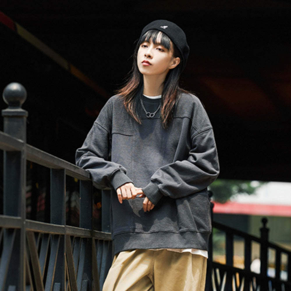 早秋小個子街頭毛圈拼接寬鬆衛衣女套頭圓領休閒上衣