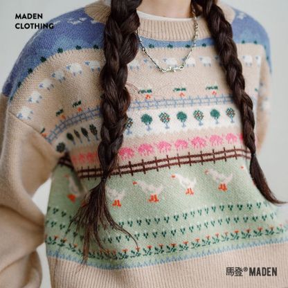 馬登女裝 復古費爾島小動物提花毛衣慵懶風套頭圓領內搭針織衫秋季女