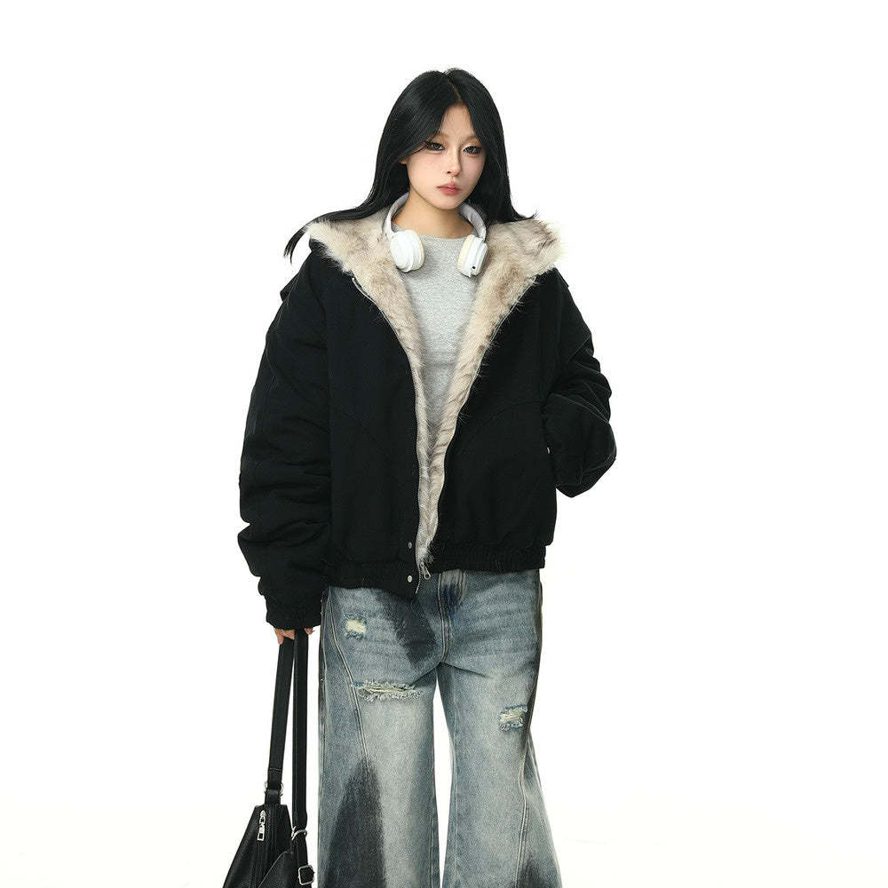 美式復古座山雕毛領外套女冬季加絨加厚保暖潮牌棉服