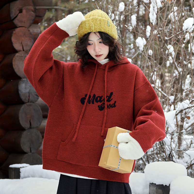 撞色logo提花連帽寬鬆高克重毛衣針織衣秋冬