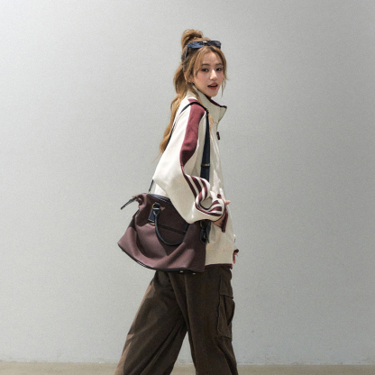 重磅400G拼接立領外套女款秋季美式慵懶chic休閒夾克