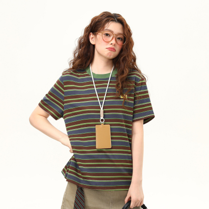 2026夏季新款美式復古撞色條紋短袖T恤女寬鬆百搭上衣