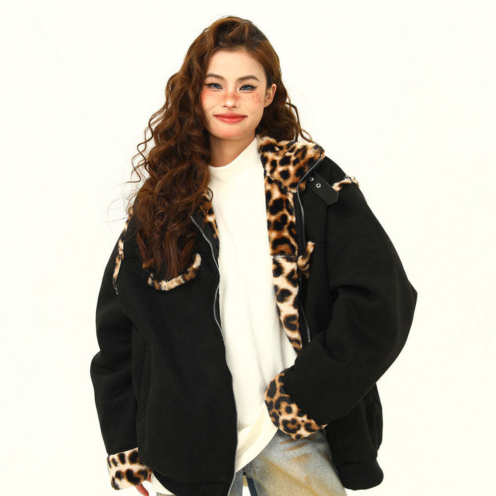 冬季新款美式復古皮毛一體豹紋高級感棉服外套女保暖