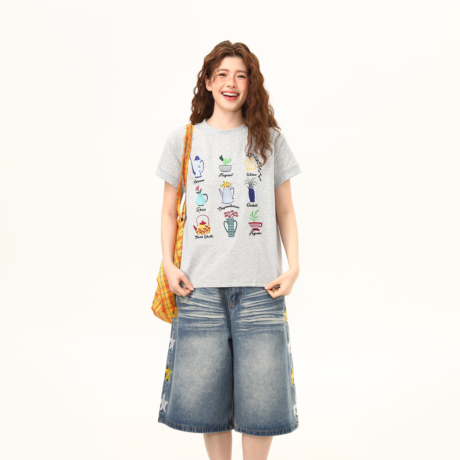 美式復古盆栽刺繡設計感正肩短袖T恤女短寬版小飛袖上衣