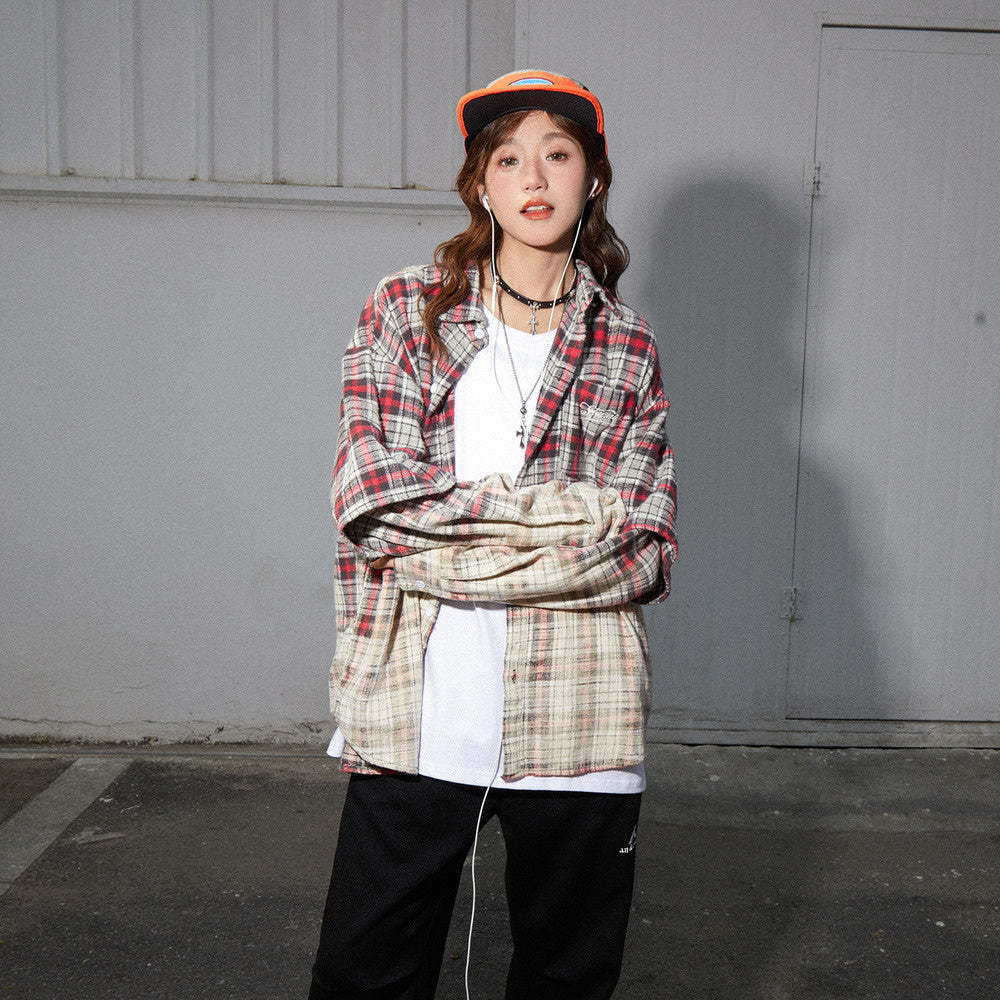 美式復古漸變色格子襯衫女高級感別致寬鬆純棉上衣