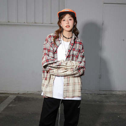 美式復古漸變色格子襯衫女高級感別致寬鬆純棉上衣