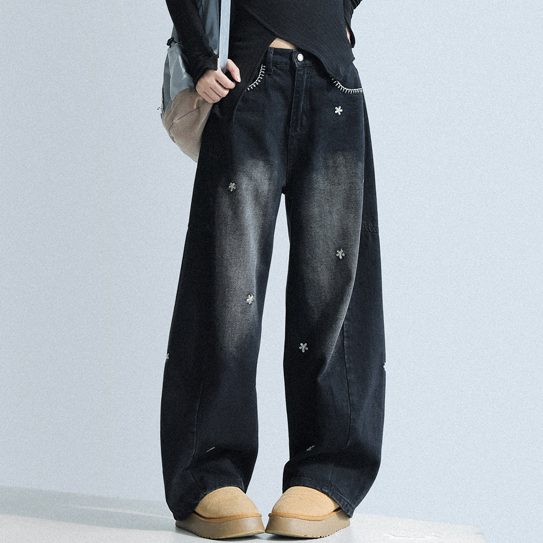 春夏新款花朵刺繡牛仔褲女闊腿寬鬆顯瘦褲子彎刀褲