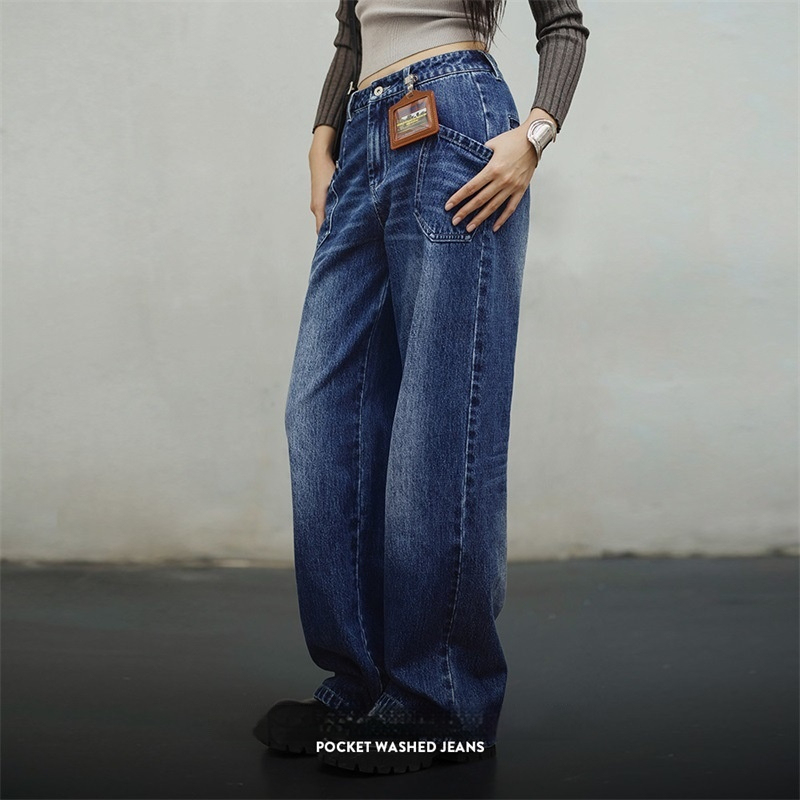 馬登女裝 美式闊腿牛仔褲水洗丹寧直筒拖地褲子設計感顯瘦長褲春秋季女